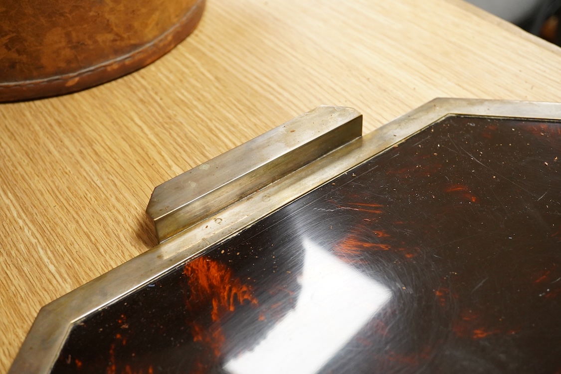 An Art Deco style silver plated two handled tray with faux tortoiseshell interior, 42cm